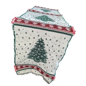 Vintage Christmas Holiday Woven Table Runner Green Tree Snowflake Fringe 68”